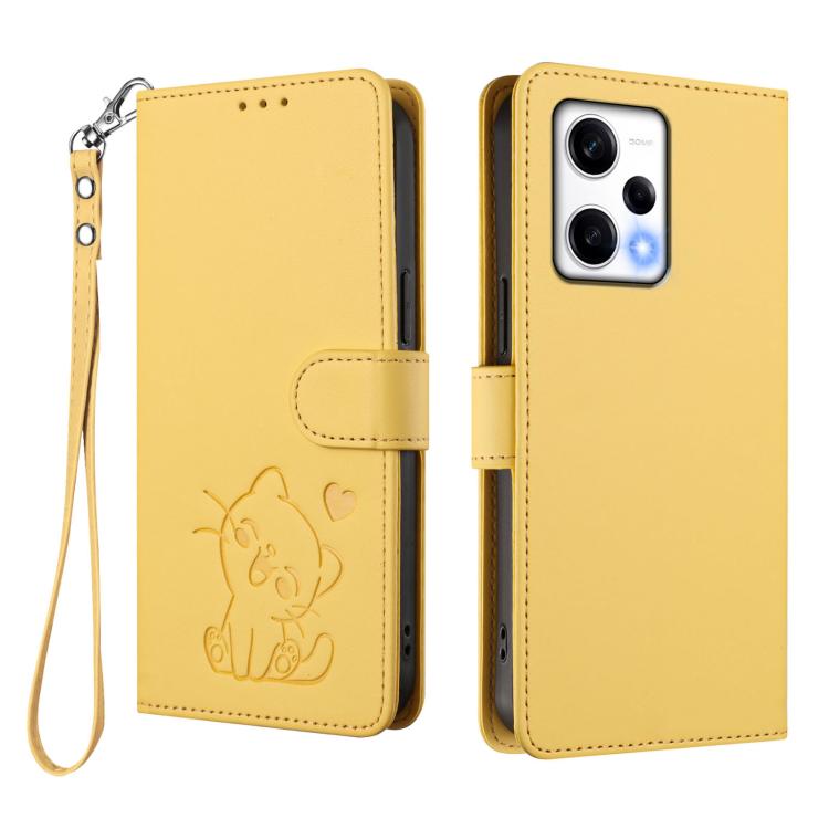 For Redmi Note 12 Pro+ 5G India Embossed Heart Cat Leather Phone Case with Hand Strap