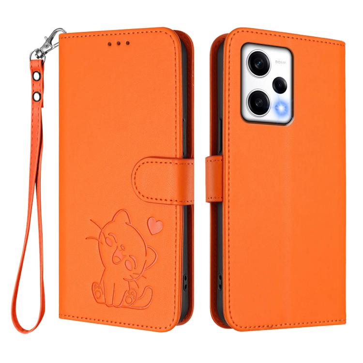For Redmi Note 12 Pro+ 5G India Embossed Heart Cat Leather Phone Case with Hand Strap