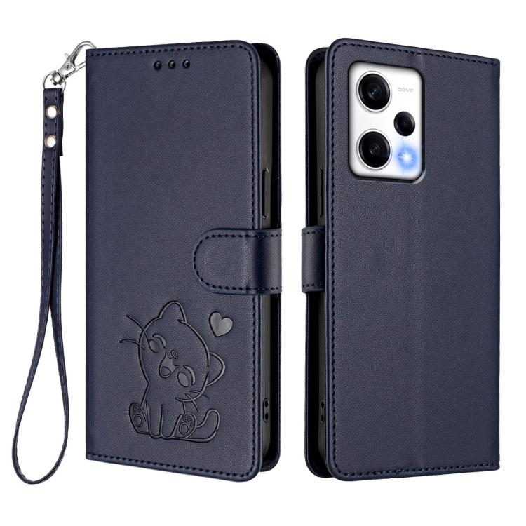 For Redmi Note 12 Pro+ 5G India Embossed Heart Cat Leather Phone Case with Hand Strap