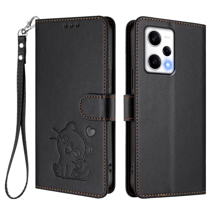 For Redmi Note 12 Pro+ 5G India Embossed Heart Cat Leather Phone Case with Hand Strap