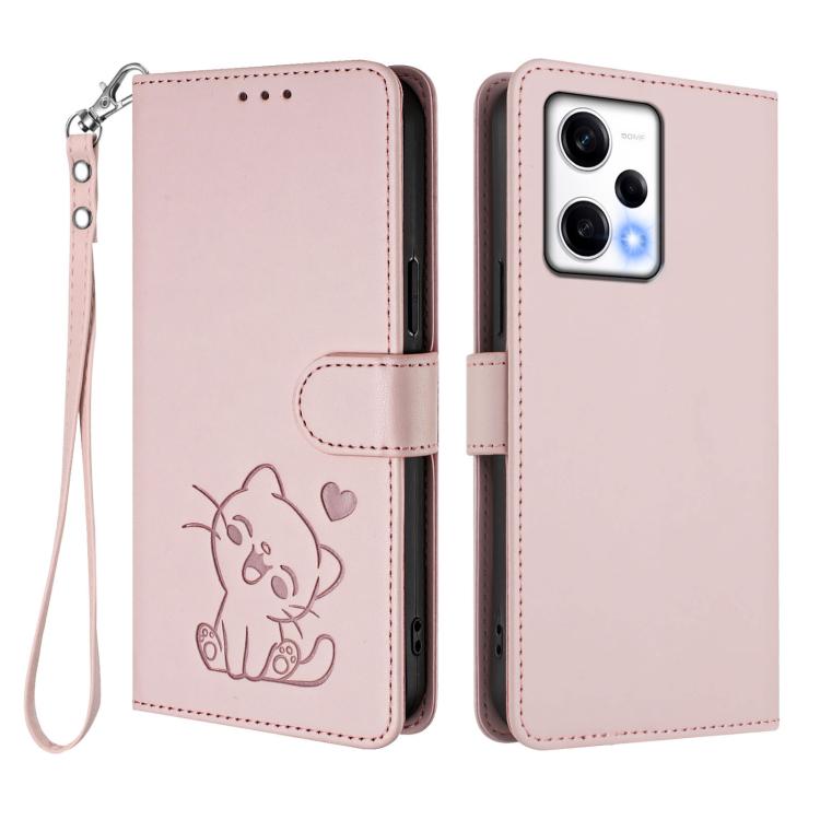 For Redmi Note 12 Pro Speed / Note 12 Pro 5G Embossed Heart Cat Leather Phone Case with Hand Strap