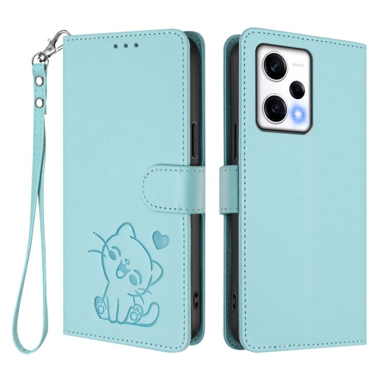 For Redmi Note 12 Pro Speed / Note 12 Pro 5G Embossed Heart Cat Leather Phone Case with Hand Strap