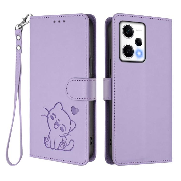 For Redmi Note 12 Pro Speed / Note 12 Pro 5G Embossed Heart Cat Leather Phone Case with Hand Strap