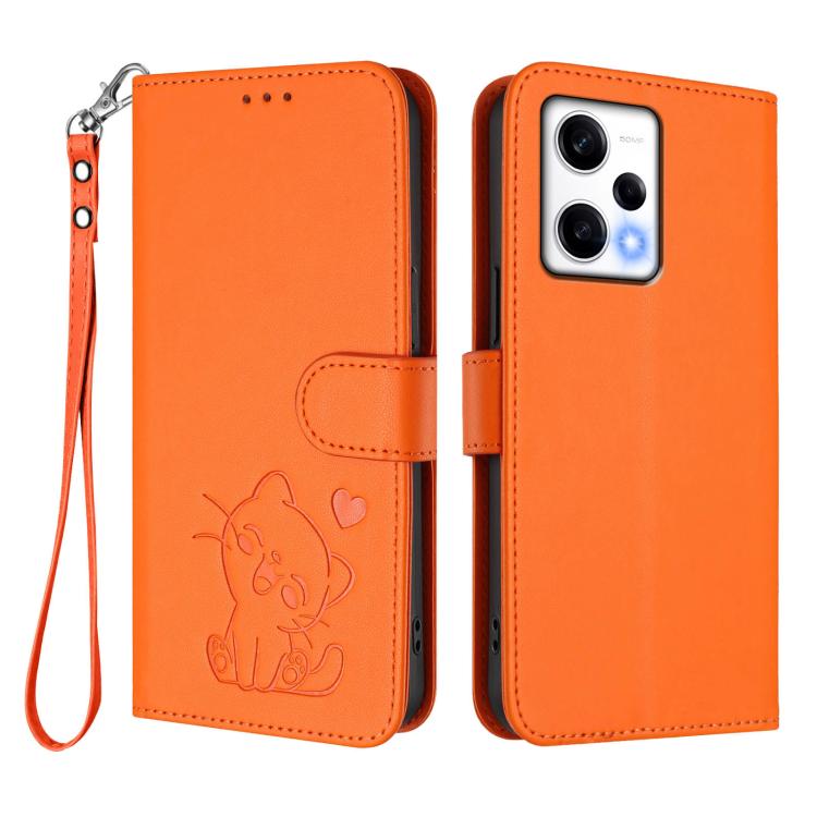 For Redmi Note 12 Pro Speed / Note 12 Pro 5G Embossed Heart Cat Leather Phone Case with Hand Strap
