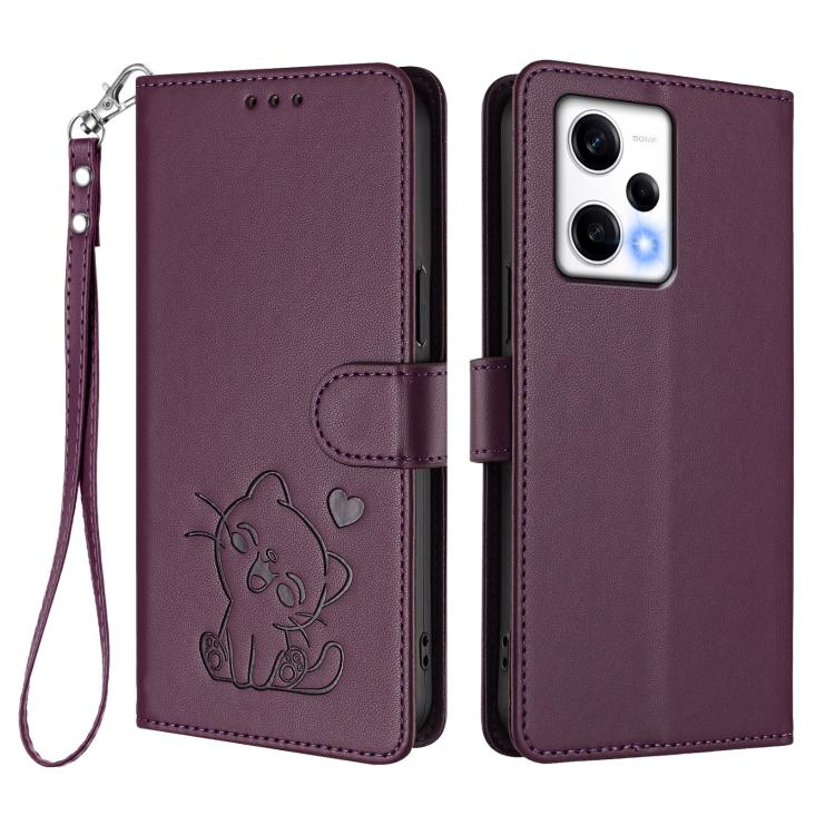 For Redmi Note 12 Pro Speed / Note 12 Pro 5G Embossed Heart Cat Leather Phone Case with Hand Strap