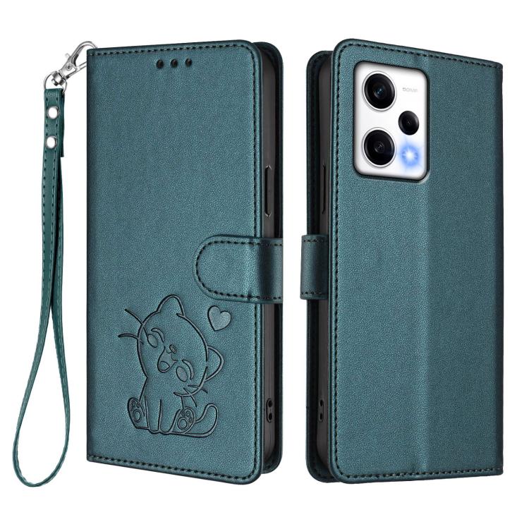 For Redmi Note 12 Pro Speed / Note 12 Pro 5G Embossed Heart Cat Leather Phone Case with Hand Strap