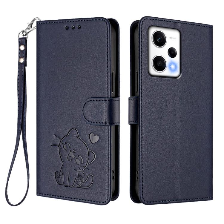 For Redmi Note 12 Pro Speed / Note 12 Pro 5G Embossed Heart Cat Leather Phone Case with Hand Strap