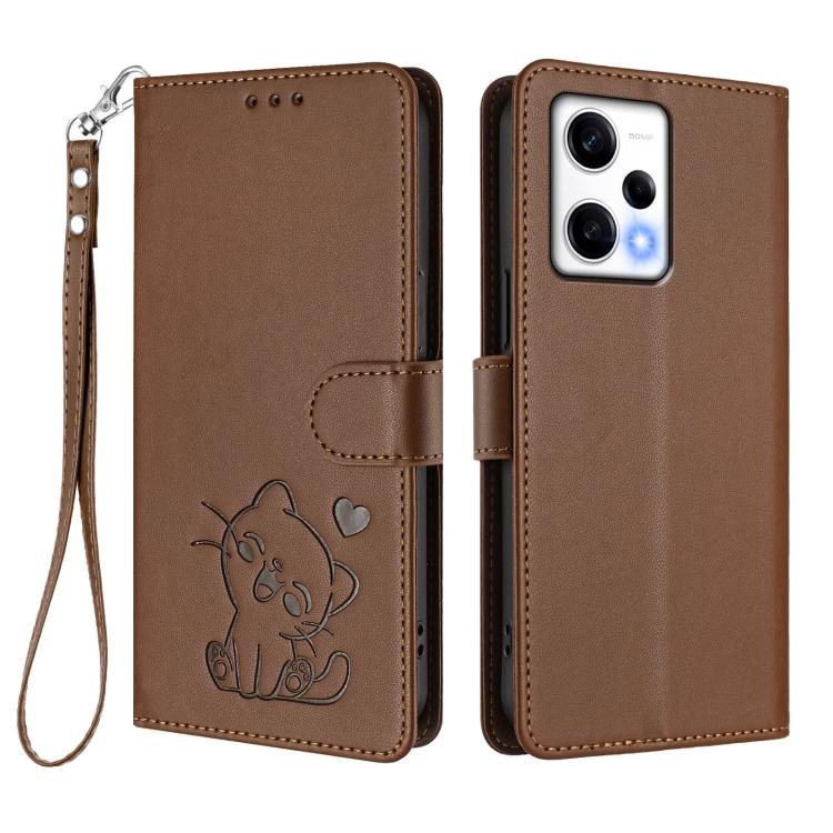 For Redmi Note 12 Pro Speed / Note 12 Pro 5G Embossed Heart Cat Leather Phone Case with Hand Strap