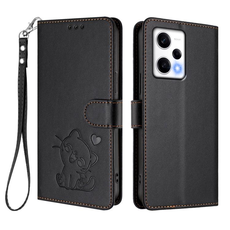 For Redmi Note 12 Pro Speed / Note 12 Pro 5G Embossed Heart Cat Leather Phone Case with Hand Strap