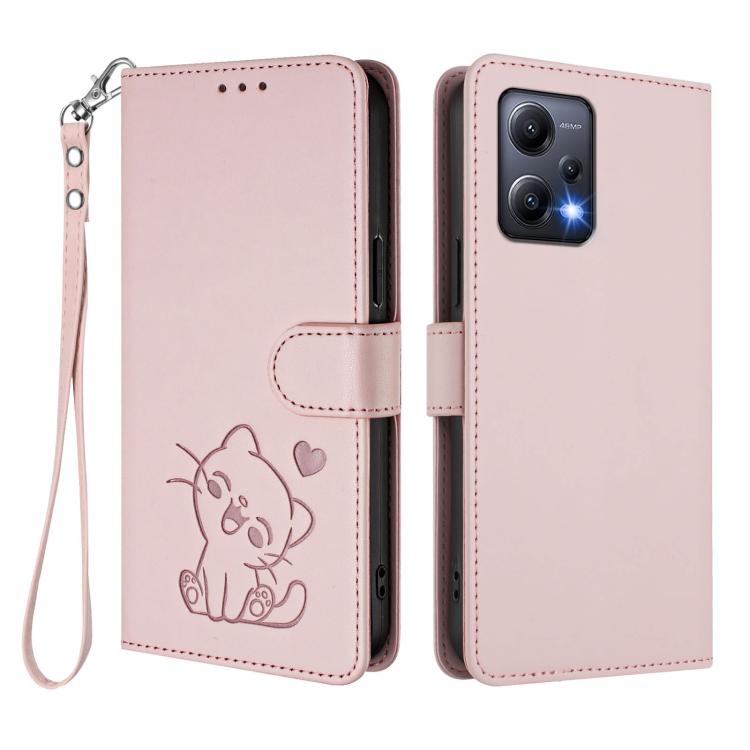 For Redmi Note 12 5G India / Xiaomi Poco X5 Embossed Heart Cat Leather Phone Case with Hand Strap