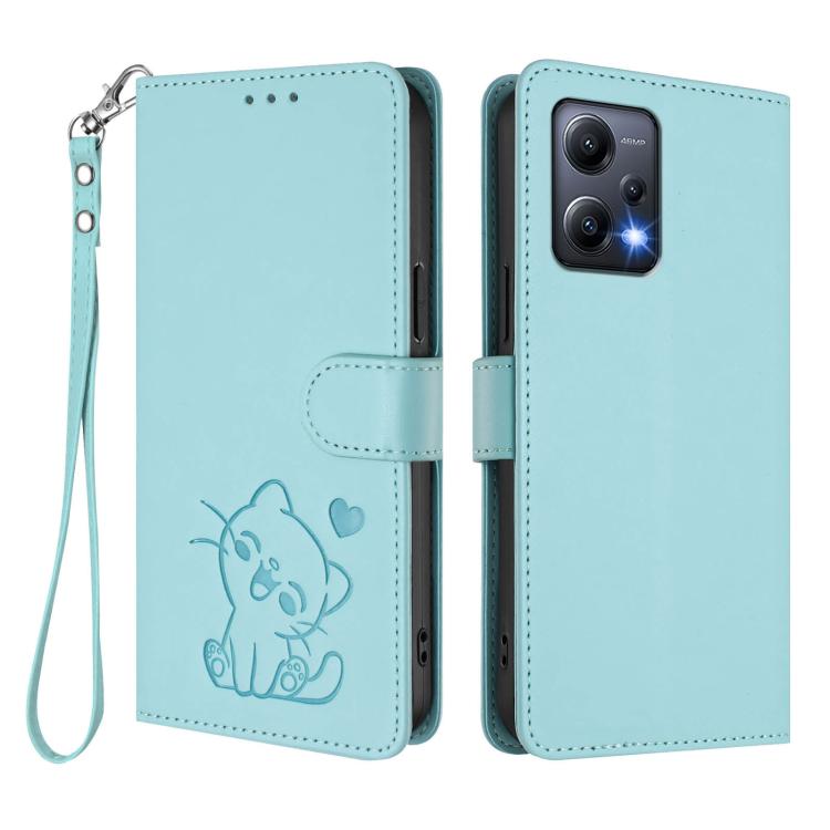 For Redmi Note 12 5G India / Xiaomi Poco X5 Embossed Heart Cat Leather Phone Case with Hand Strap
