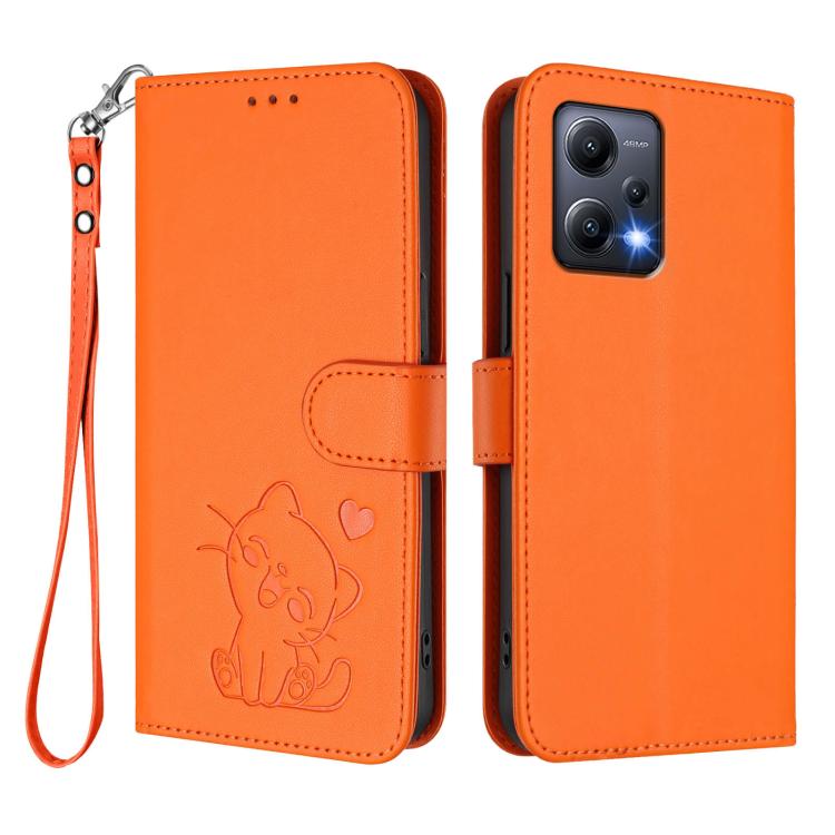 For Redmi Note 12 5G India / Xiaomi Poco X5 Embossed Heart Cat Leather Phone Case with Hand Strap