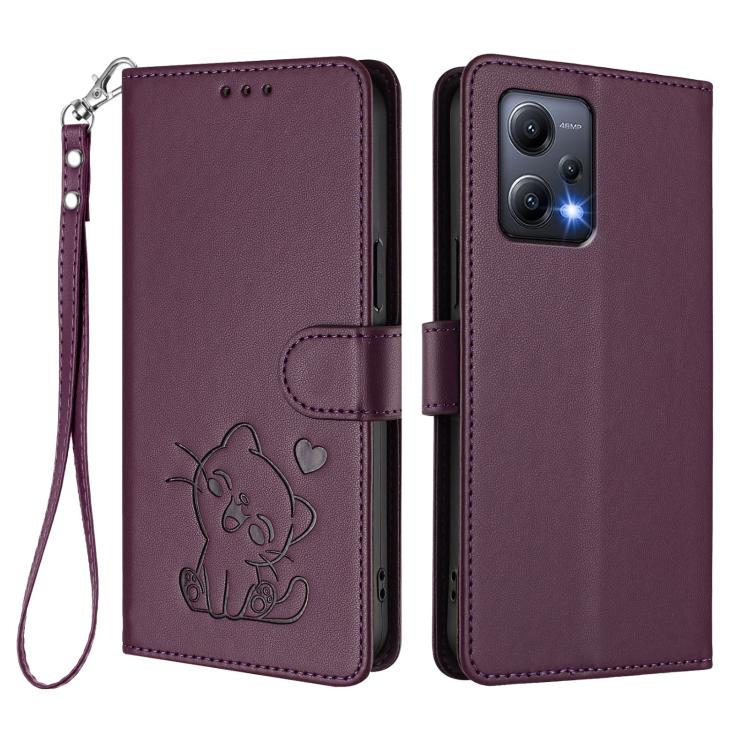 For Redmi Note 12 5G India / Xiaomi Poco X5 Embossed Heart Cat Leather Phone Case with Hand Strap