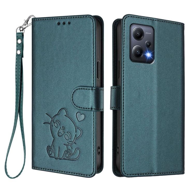 For Redmi Note 12 5G India / Xiaomi Poco X5 Embossed Heart Cat Leather Phone Case with Hand Strap
