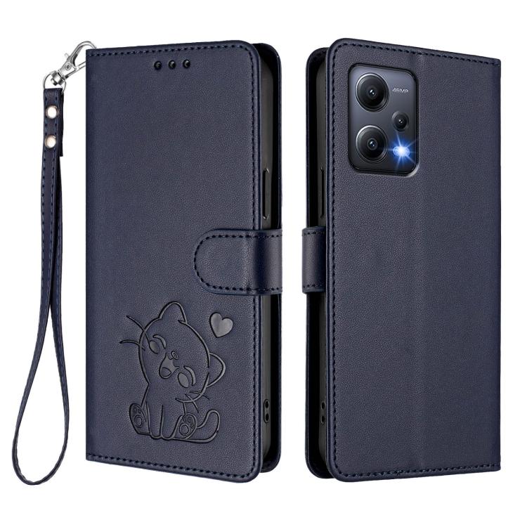 For Redmi Note 12 5G India / Xiaomi Poco X5 Embossed Heart Cat Leather Phone Case with Hand Strap