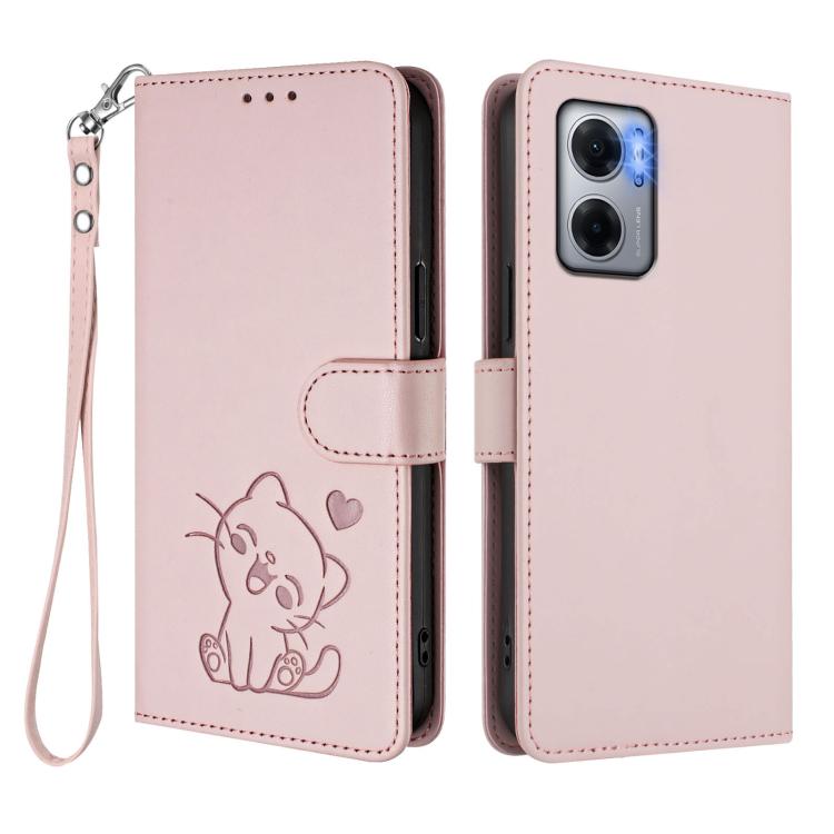 For Redmi 10 5G / 10 Prime+ 5G India Embossed Heart Cat Leather Phone Case with Hand Strap