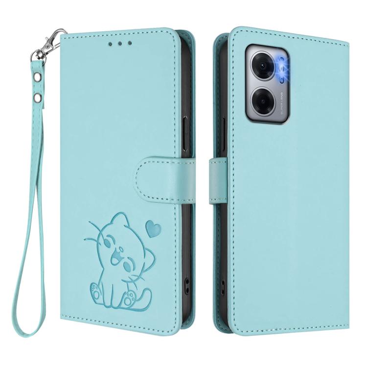 For Redmi 10 5G / 10 Prime+ 5G India Embossed Heart Cat Leather Phone Case with Hand Strap