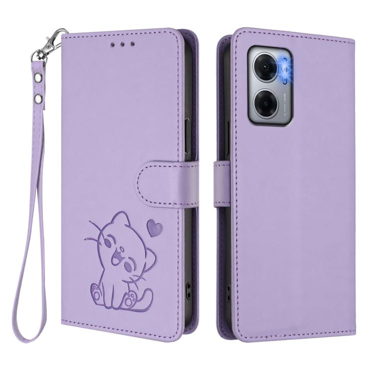 For Redmi 10 5G / 10 Prime+ 5G India Embossed Heart Cat Leather Phone Case with Hand Strap