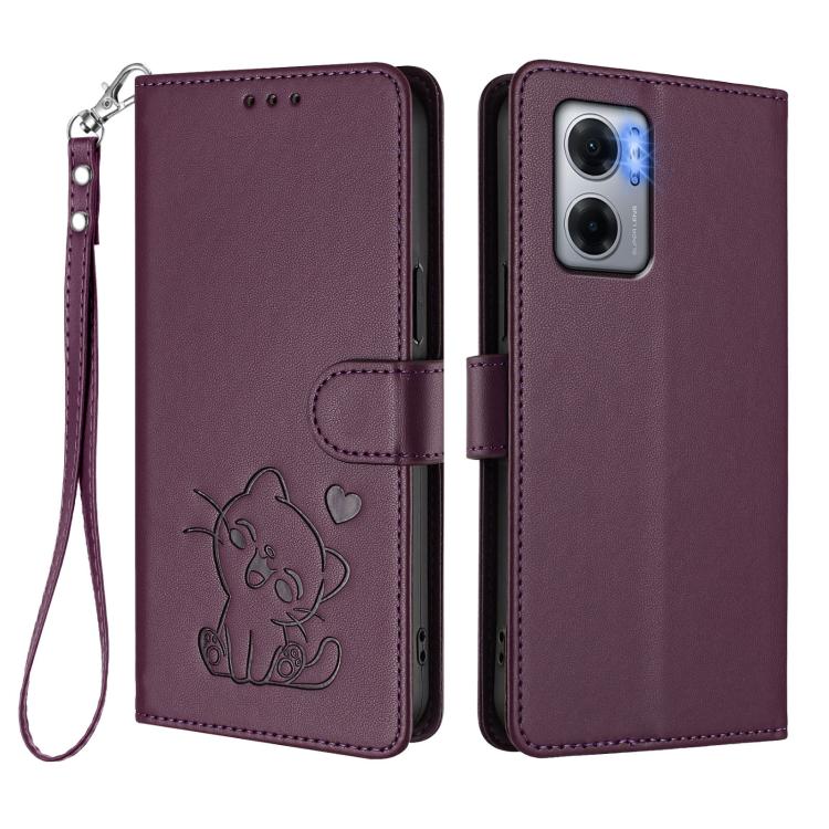 For Redmi 10 5G / 10 Prime+ 5G India Embossed Heart Cat Leather Phone Case with Hand Strap