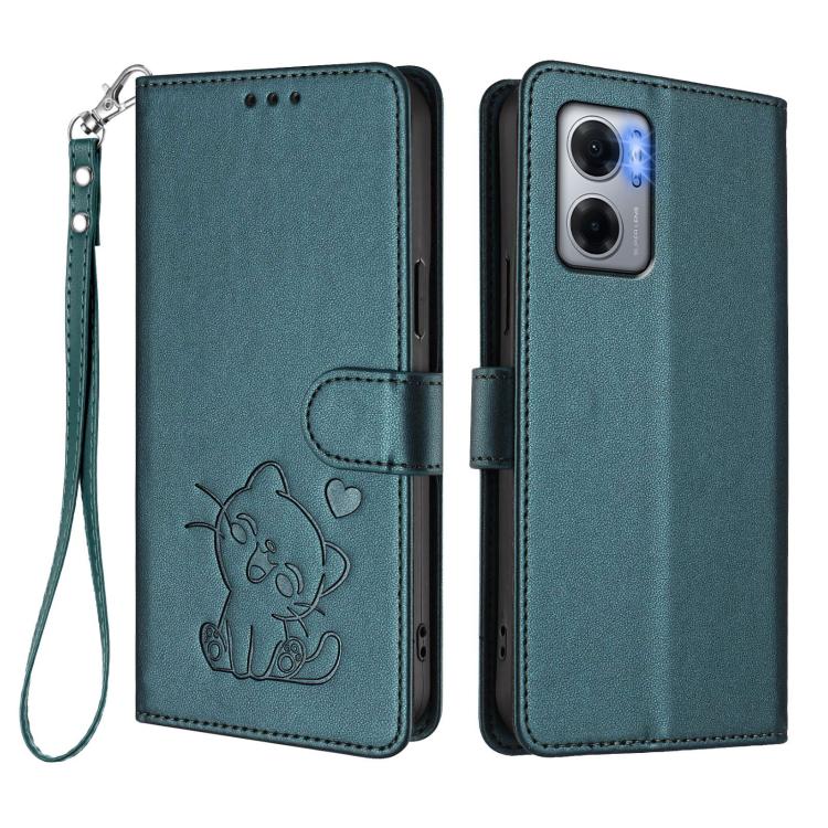 For Redmi 10 5G / 10 Prime+ 5G India Embossed Heart Cat Leather Phone Case with Hand Strap