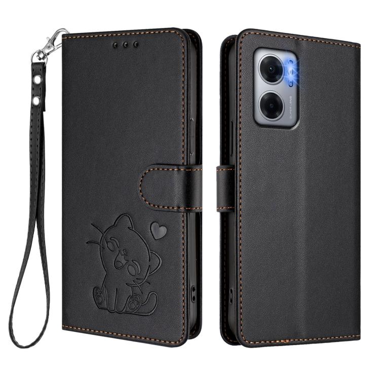 For Redmi 10 5G / 10 Prime+ 5G India Embossed Heart Cat Leather Phone Case with Hand Strap