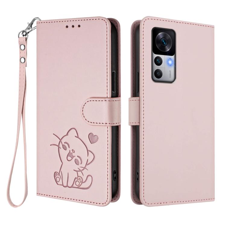 For Redmi K50 Ultra / Xiaomi 12T / 12T Pro Embossed Heart Cat Leather Phone Case with Hand Strap