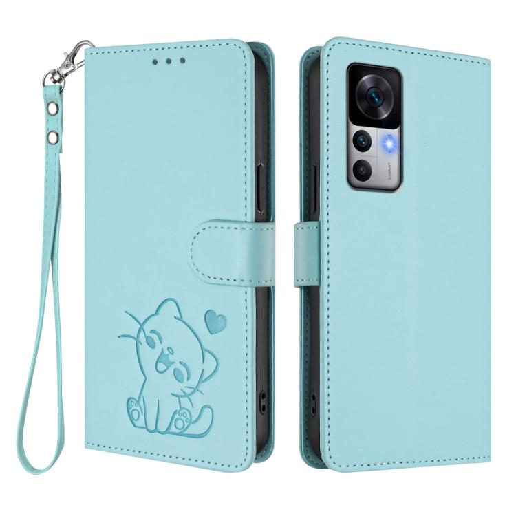 For Redmi K50 Ultra / Xiaomi 12T / 12T Pro Embossed Heart Cat Leather Phone Case with Hand Strap