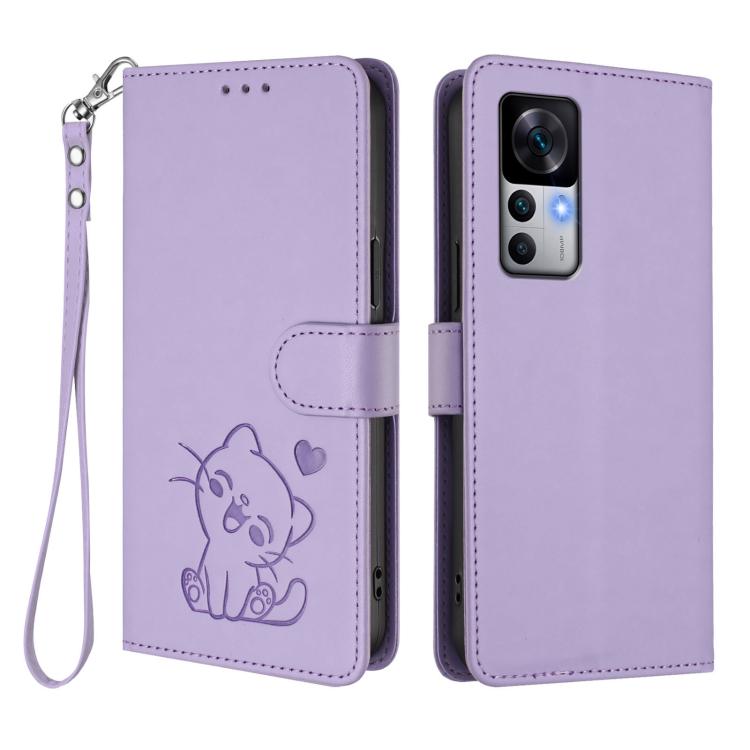 For Redmi K50 Ultra / Xiaomi 12T / 12T Pro Embossed Heart Cat Leather Phone Case with Hand Strap