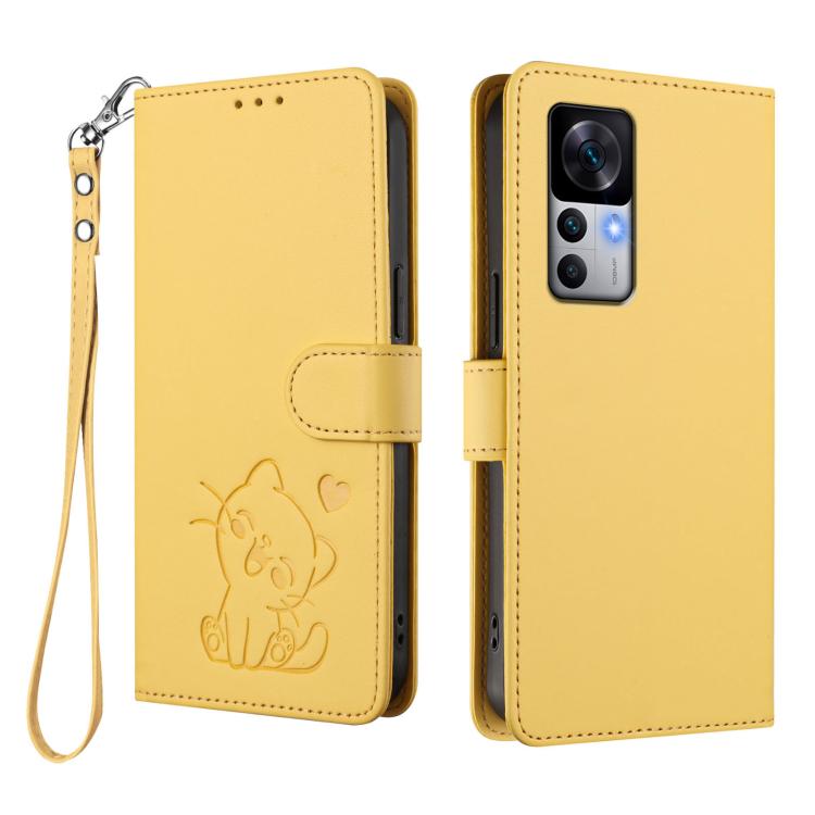For Redmi K50 Ultra / Xiaomi 12T / 12T Pro Embossed Heart Cat Leather Phone Case with Hand Strap