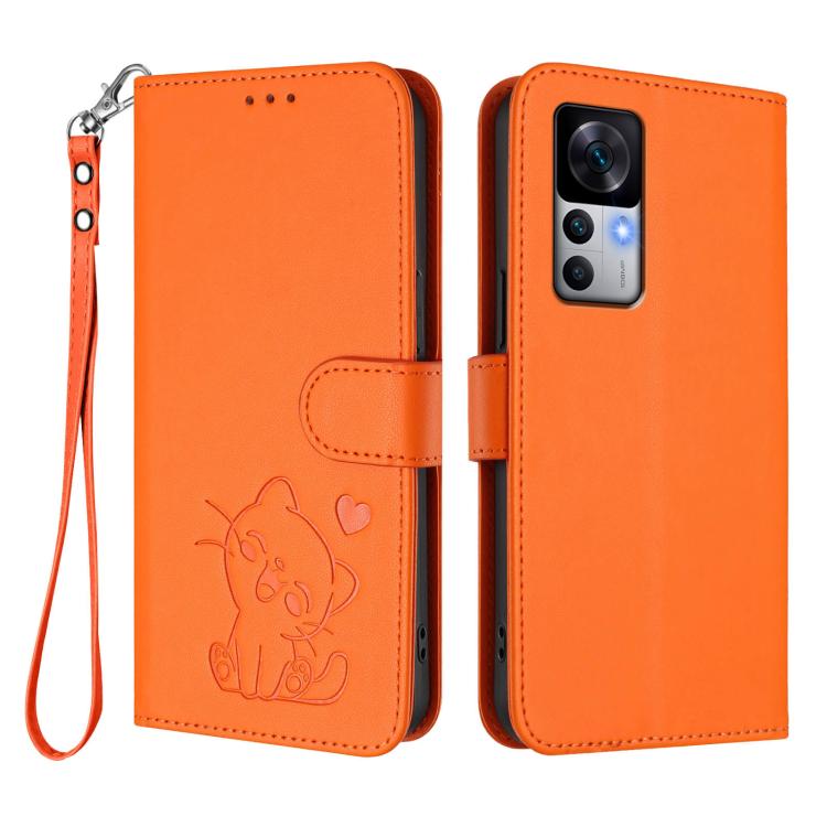 For Redmi K50 Ultra / Xiaomi 12T / 12T Pro Embossed Heart Cat Leather Phone Case with Hand Strap