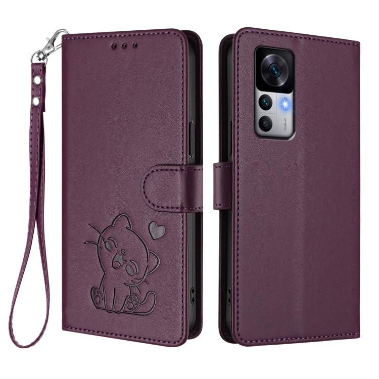 For Redmi K50 Ultra / Xiaomi 12T / 12T Pro Embossed Heart Cat Leather Phone Case with Hand Strap