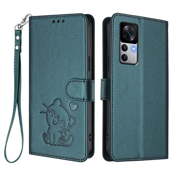 For Redmi K50 Ultra / Xiaomi 12T / 12T Pro Embossed Heart Cat Leather Phone Case with Hand Strap
