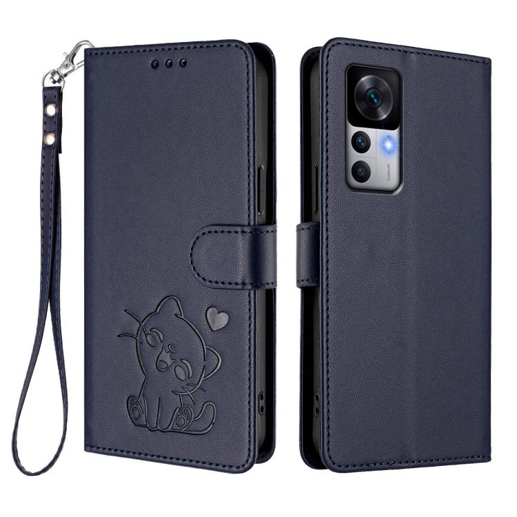 For Redmi K50 Ultra / Xiaomi 12T / 12T Pro Embossed Heart Cat Leather Phone Case with Hand Strap