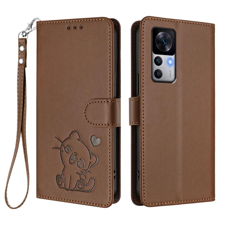 For Redmi K50 Ultra / Xiaomi 12T / 12T Pro Embossed Heart Cat Leather Phone Case with Hand Strap