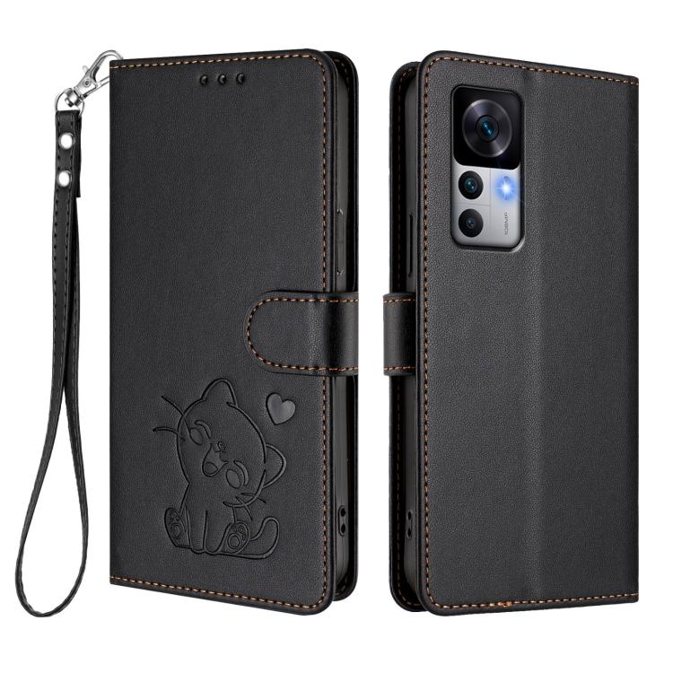 For Redmi K50 Ultra / Xiaomi 12T / 12T Pro Embossed Heart Cat Leather Phone Case with Hand Strap