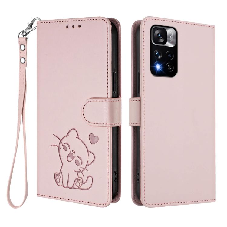 For Redmi Note 11 Pro+ 5G EU Embossed Heart Cat Leather Phone Case with Hand Strap