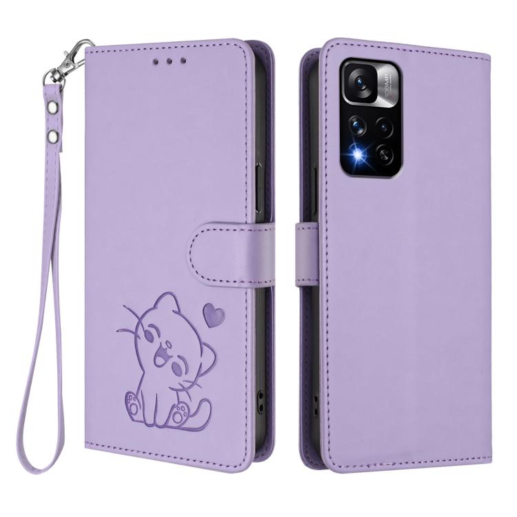 For Redmi Note 11 Pro+ 5G EU Embossed Heart Cat Leather Phone Case with Hand Strap