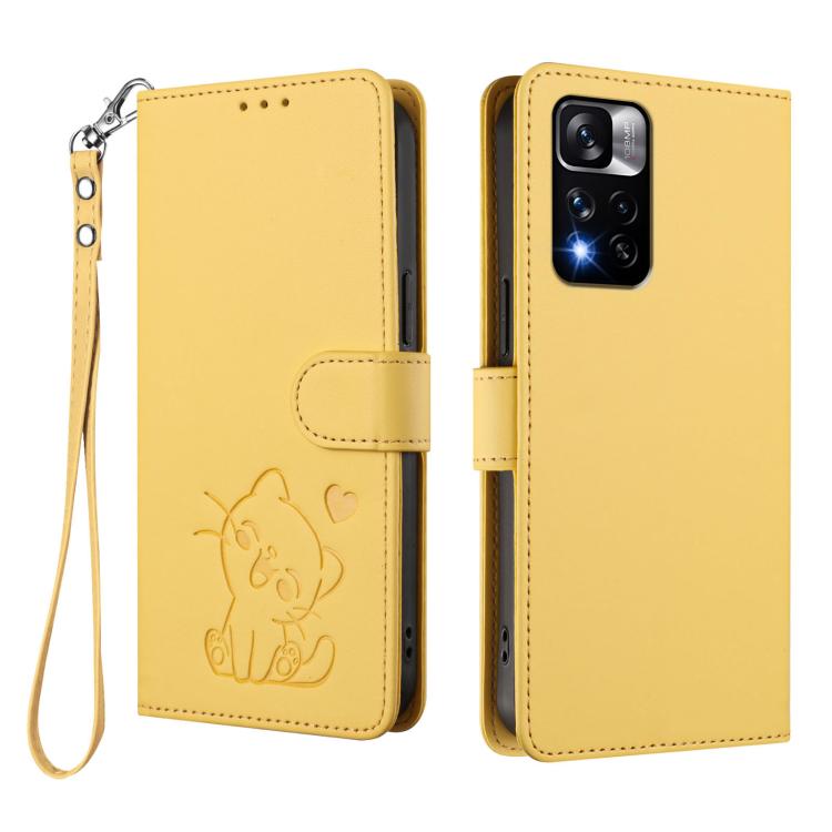 For Redmi Note 11 Pro+ 5G EU Embossed Heart Cat Leather Phone Case with Hand Strap