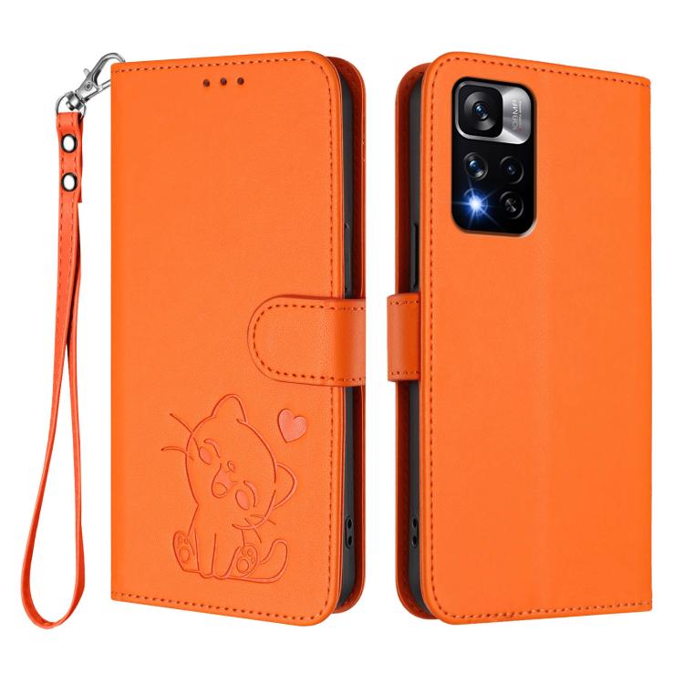 For Redmi Note 11 Pro+ 5G EU Embossed Heart Cat Leather Phone Case with Hand Strap