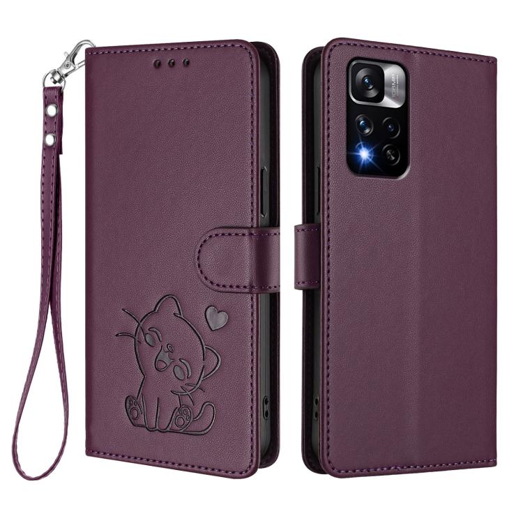 For Redmi Note 11 Pro+ 5G EU Embossed Heart Cat Leather Phone Case with Hand Strap