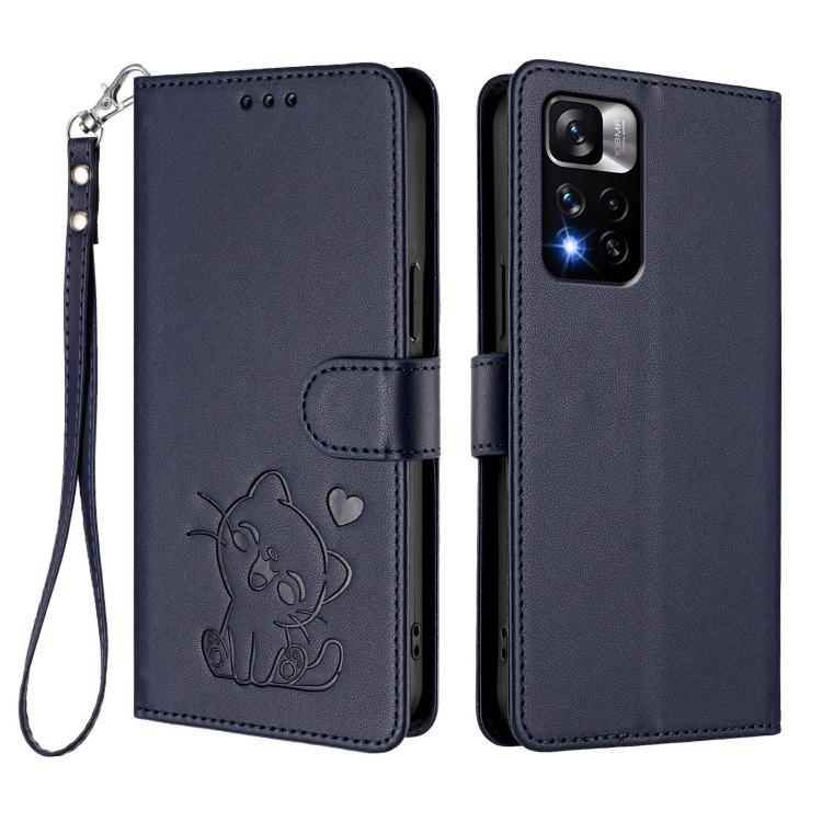 For Redmi Note 11 Pro+ 5G EU Embossed Heart Cat Leather Phone Case with Hand Strap