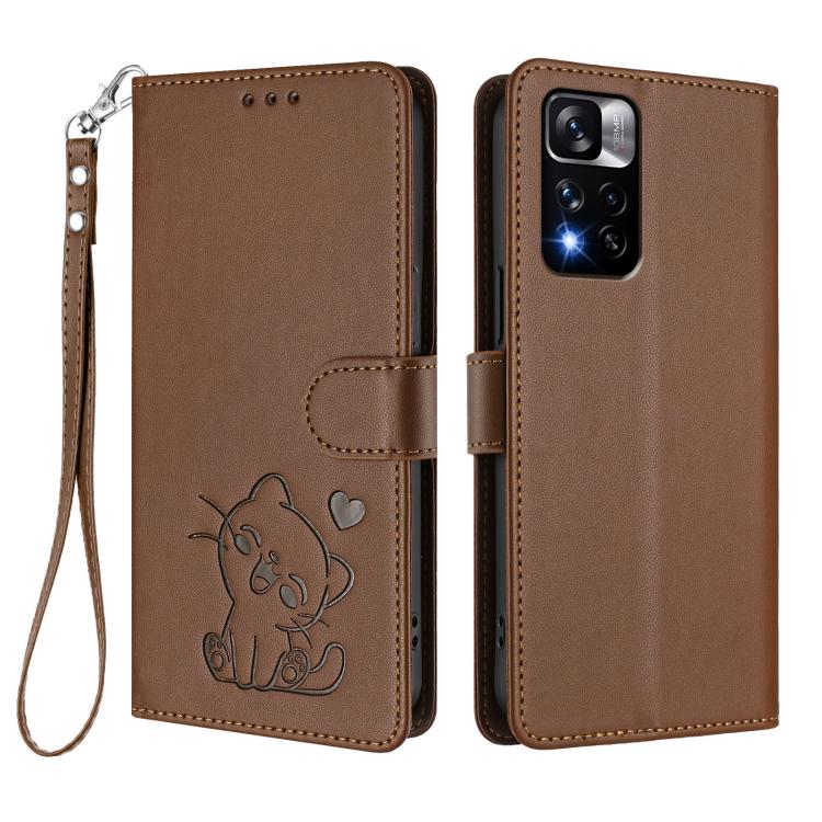 For Redmi Note 11 Pro+ 5G EU Embossed Heart Cat Leather Phone Case with Hand Strap