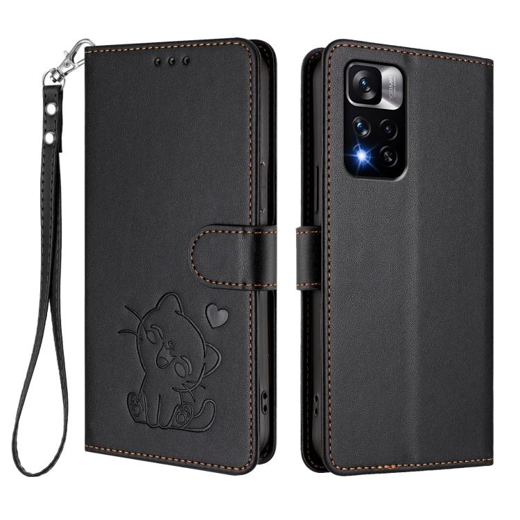 For Redmi Note 11 Pro+ 5G EU Embossed Heart Cat Leather Phone Case with Hand Strap
