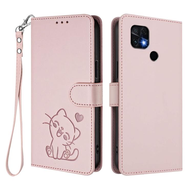 For Redmi 10 2022 India / 10C Embossed Heart Cat Leather Phone Case with Hand Strap