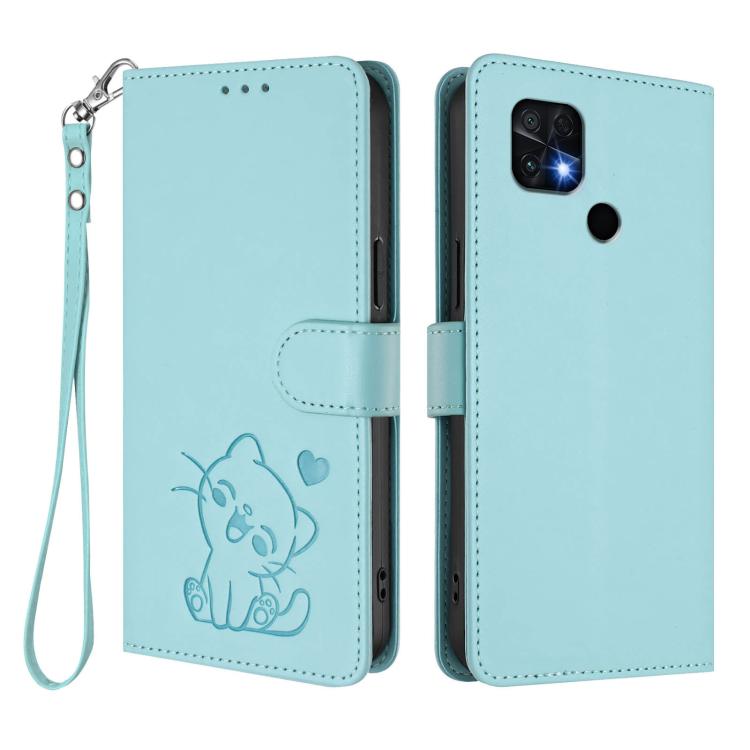 For Redmi 10 2022 India / 10C Embossed Heart Cat Leather Phone Case with Hand Strap