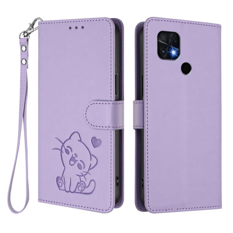 For Redmi 10 2022 India / 10C Embossed Heart Cat Leather Phone Case with Hand Strap