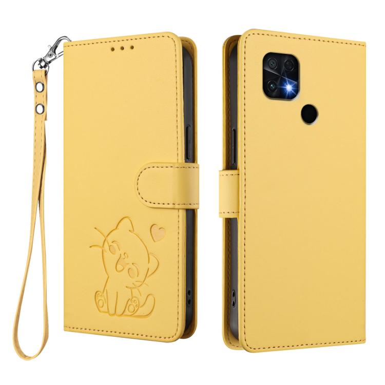 For Redmi 10 2022 India / 10C Embossed Heart Cat Leather Phone Case with Hand Strap