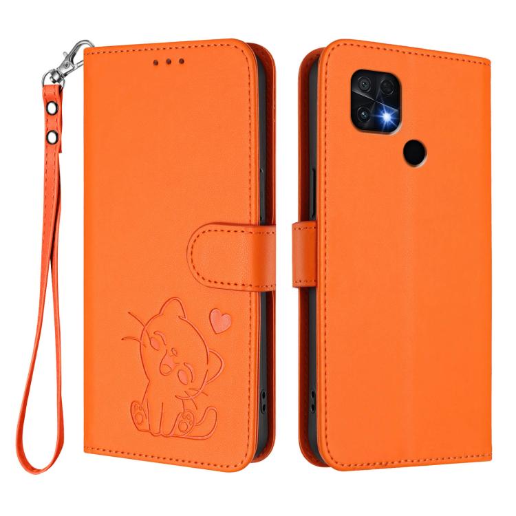 For Redmi 10 2022 India / 10C Embossed Heart Cat Leather Phone Case with Hand Strap