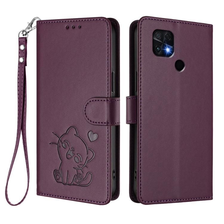 For Redmi 10 2022 India / 10C Embossed Heart Cat Leather Phone Case with Hand Strap