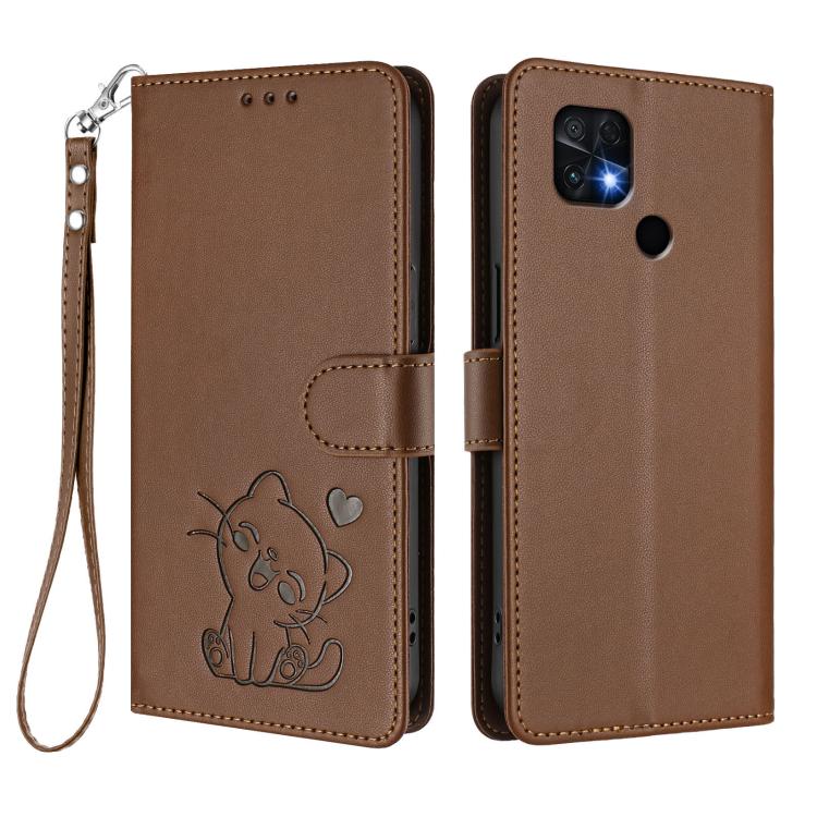 For Redmi 10 2022 India / 10C Embossed Heart Cat Leather Phone Case with Hand Strap